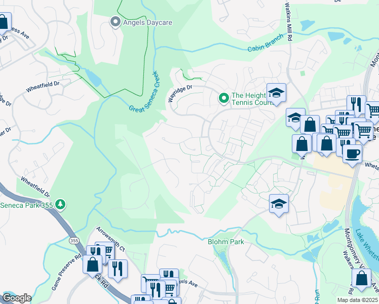 map of restaurants, bars, coffee shops, grocery stores, and more near 19208 Seneca Ridge Court in Gaithersburg