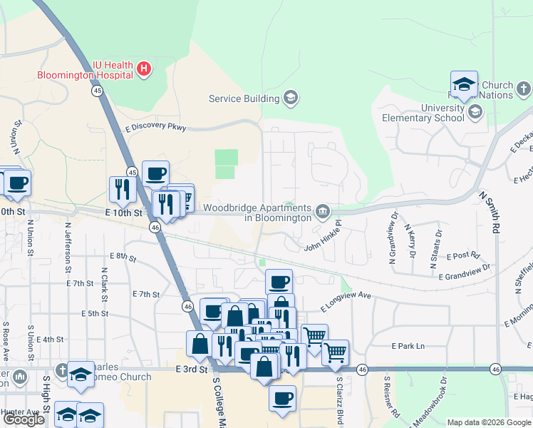map of restaurants, bars, coffee shops, grocery stores, and more near in Bloomington