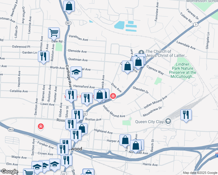 map of restaurants, bars, coffee shops, grocery stores, and more near 5335 Moeller Avenue in Cincinnati