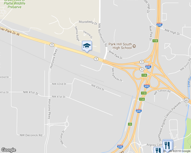 map of restaurants, bars, coffee shops, grocery stores, and more near 500 Northwest Platte Valley Drive in Riverside