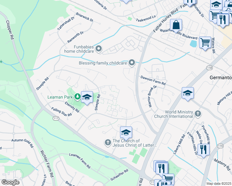map of restaurants, bars, coffee shops, grocery stores, and more near 13915 Highstream Place in Germantown