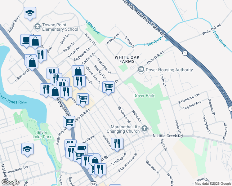 map of restaurants, bars, coffee shops, grocery stores, and more near 166 Spruance Road in Dover