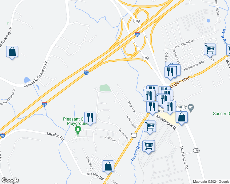 map of restaurants, bars, coffee shops, grocery stores, and more near 7267 Cedar Avenue in Jessup