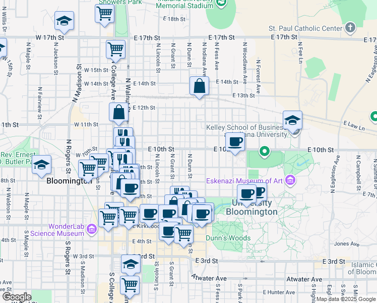 map of restaurants, bars, coffee shops, grocery stores, and more near 515 North Prow Avenue in Bloomington