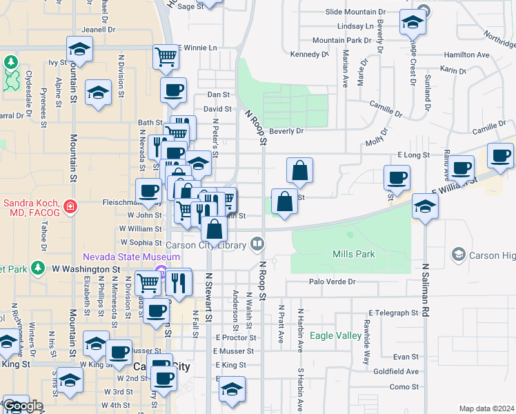 map of restaurants, bars, coffee shops, grocery stores, and more near 636 East John Street in Carson City