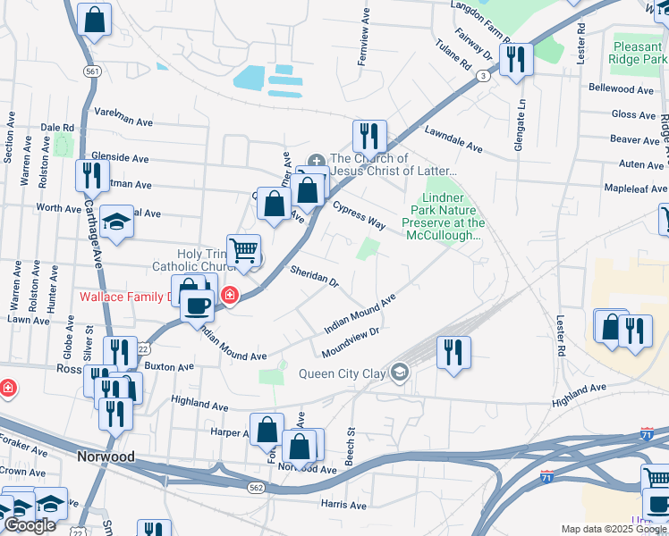 map of restaurants, bars, coffee shops, grocery stores, and more near 2545 Sheridan Drive in Cincinnati