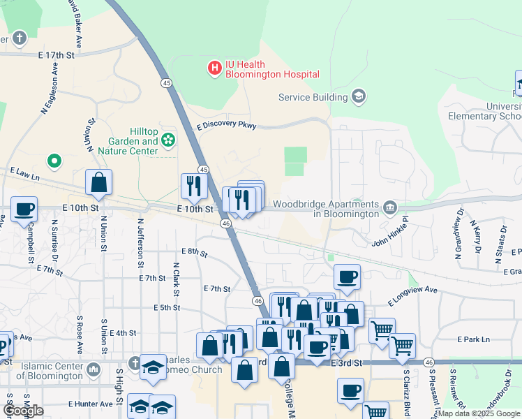 map of restaurants, bars, coffee shops, grocery stores, and more near 2618 East 10th Street in Bloomington