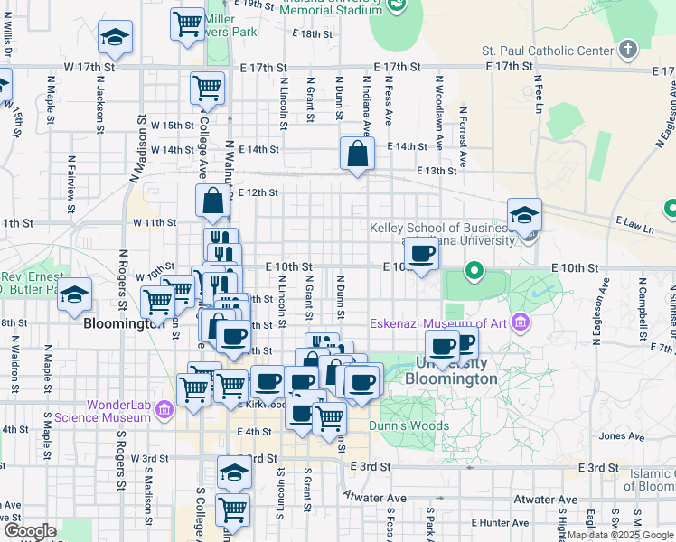 map of restaurants, bars, coffee shops, grocery stores, and more near 515 North Prow Avenue in Bloomington