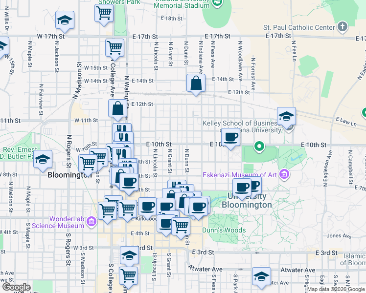 map of restaurants, bars, coffee shops, grocery stores, and more near 515 North Prow Avenue in Bloomington