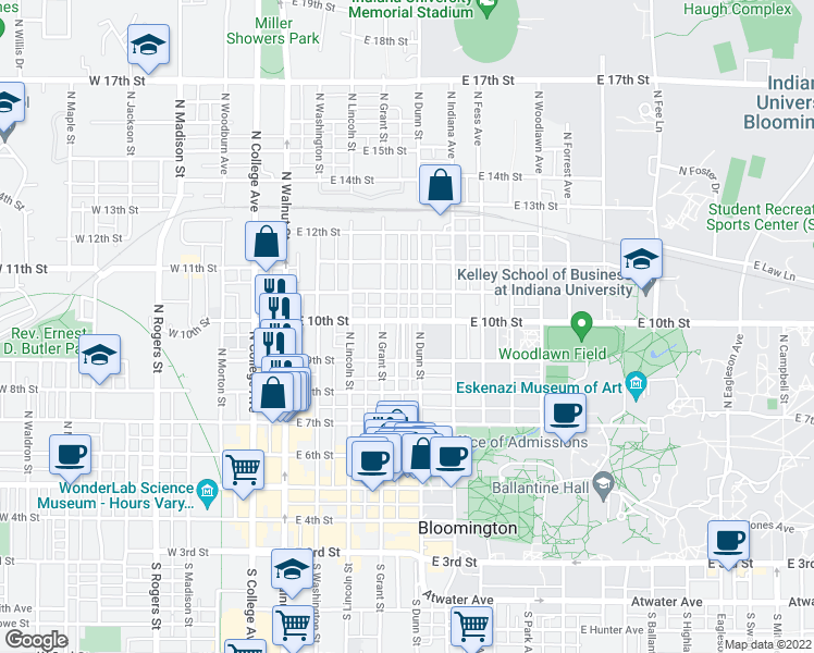 map of restaurants, bars, coffee shops, grocery stores, and more near 515 North Prow Avenue in Bloomington
