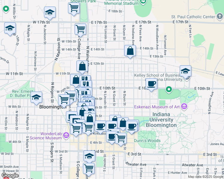 map of restaurants, bars, coffee shops, grocery stores, and more near 515 North Grant Street in Bloomington