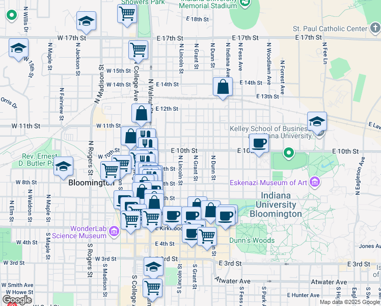 map of restaurants, bars, coffee shops, grocery stores, and more near 515 North Grant Street in Bloomington