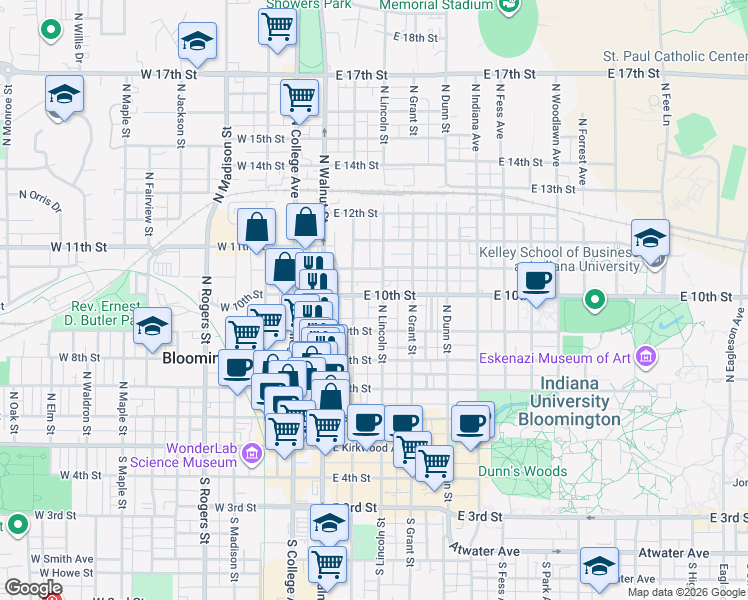 map of restaurants, bars, coffee shops, grocery stores, and more near 514 North Washington Street in Bloomington