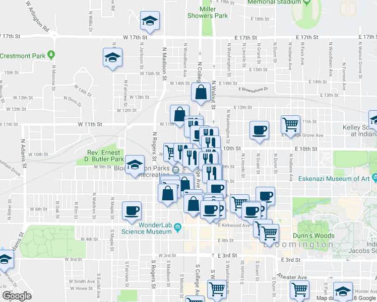 map of restaurants, bars, coffee shops, grocery stores, and more near 519 North College Avenue in Bloomington