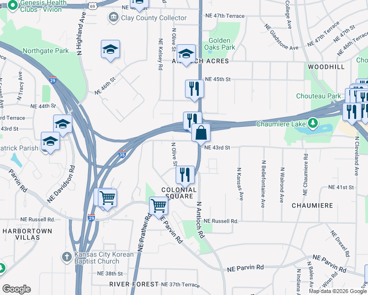 map of restaurants, bars, coffee shops, grocery stores, and more near 4217 North Olive Street in Kansas City
