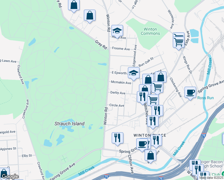 map of restaurants, bars, coffee shops, grocery stores, and more near 768 Derby Avenue in Cincinnati