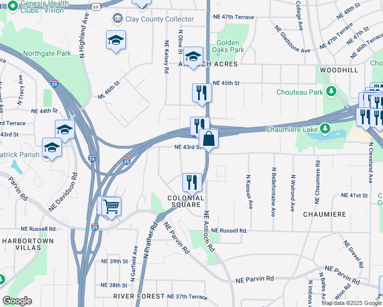 map of restaurants, bars, coffee shops, grocery stores, and more near 2407 Northeast 43rd Street in Kansas City