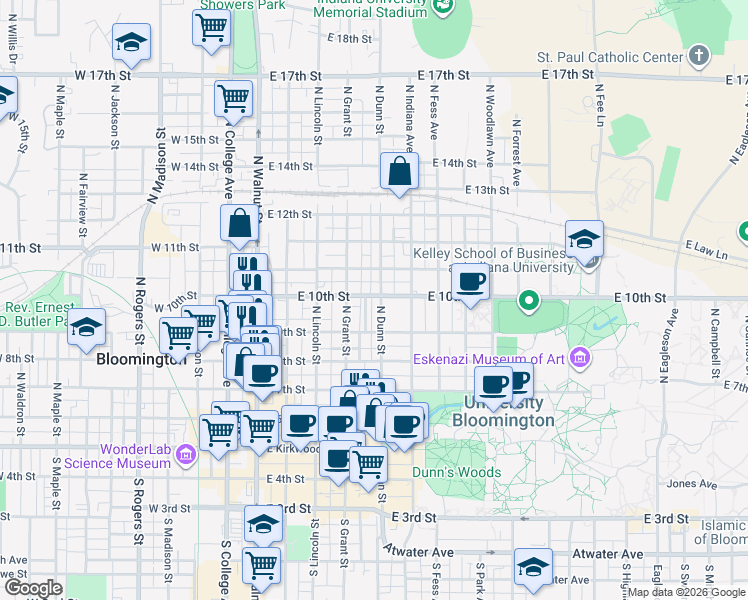 map of restaurants, bars, coffee shops, grocery stores, and more near 515 North Prow Avenue in Bloomington