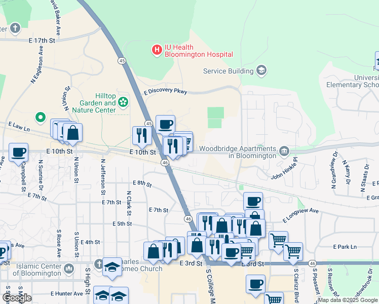 map of restaurants, bars, coffee shops, grocery stores, and more near 107 South Indiana Avenue in Bloomington