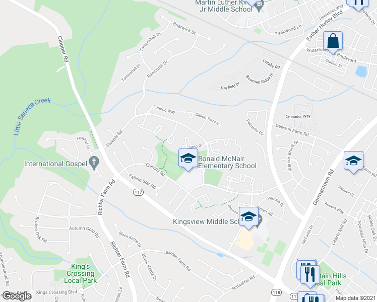 map of restaurants, bars, coffee shops, grocery stores, and more near 14032 Jump Drive in Germantown