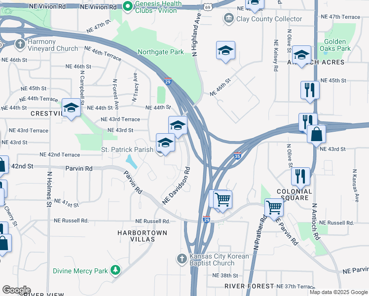 map of restaurants, bars, coffee shops, grocery stores, and more near 4232 Northeast Davidson Road in Kansas City