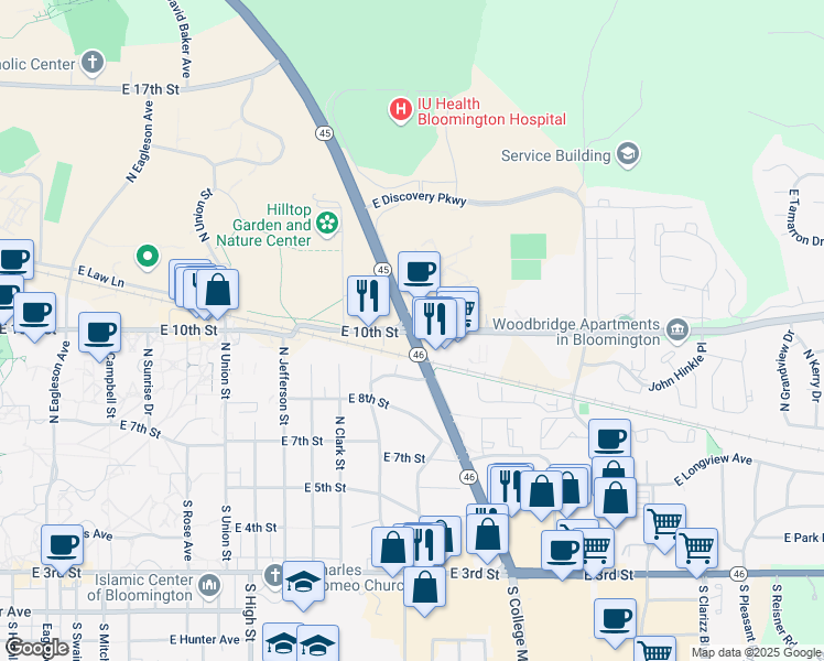 map of restaurants, bars, coffee shops, grocery stores, and more near 2700 East 10th Street in Bloomington