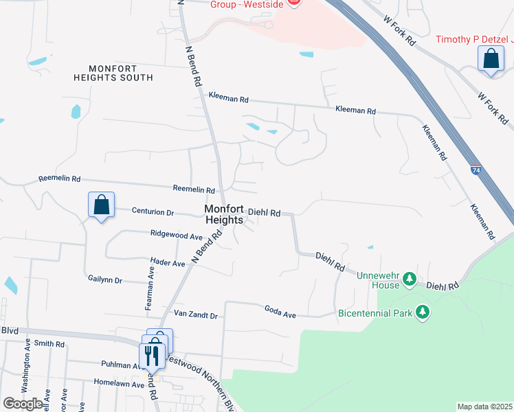 map of restaurants, bars, coffee shops, grocery stores, and more near 3331 Diehl Road in Cincinnati