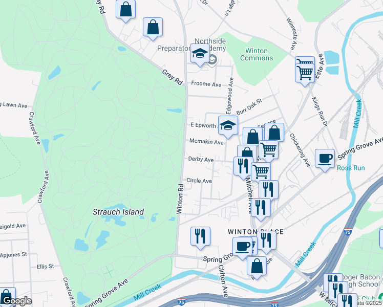 map of restaurants, bars, coffee shops, grocery stores, and more near 768 Derby Avenue in Cincinnati