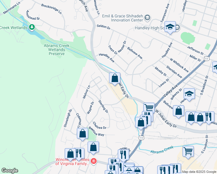 map of restaurants, bars, coffee shops, grocery stores, and more near 1813 Rosser Lane in Winchester
