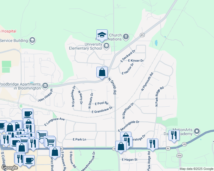 map of restaurants, bars, coffee shops, grocery stores, and more near 798 North Meadowlark Lane in Bloomington