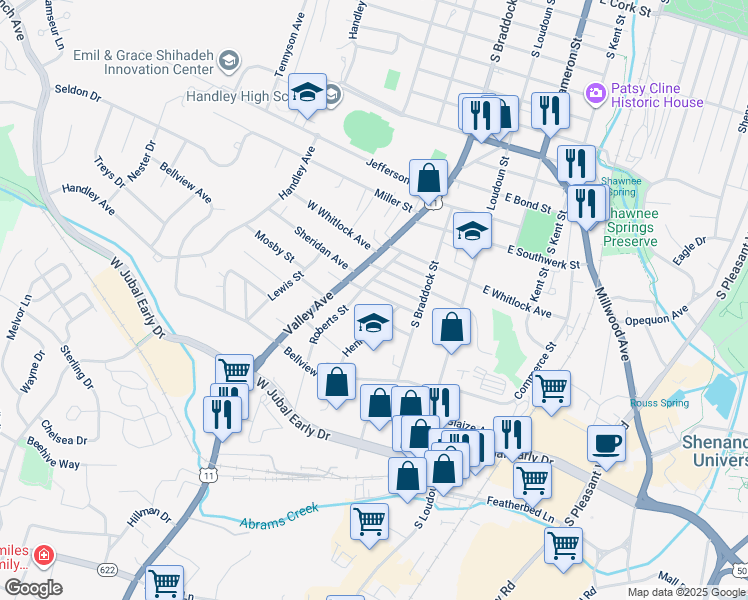 map of restaurants, bars, coffee shops, grocery stores, and more near 141 Lambden Avenue in Winchester