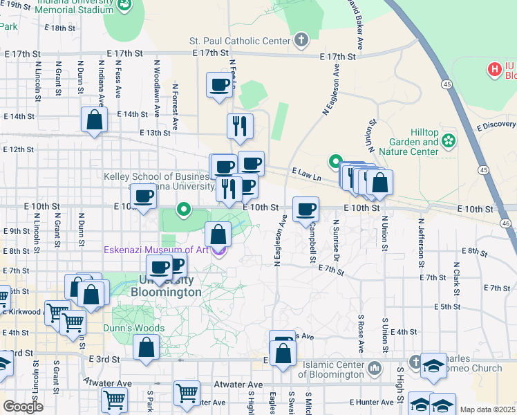 map of restaurants, bars, coffee shops, grocery stores, and more near East 10th Street in Bloomington