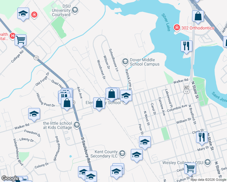 map of restaurants, bars, coffee shops, grocery stores, and more near 1 Walker Road in Dover