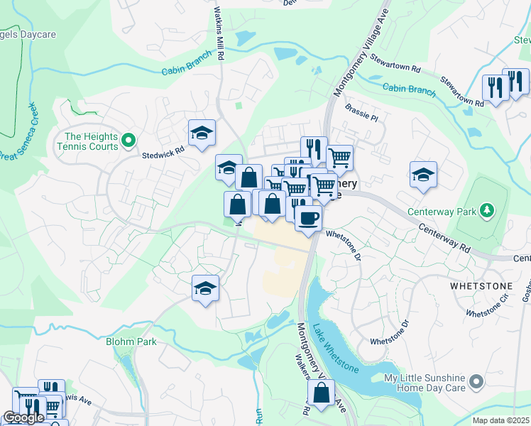 map of restaurants, bars, coffee shops, grocery stores, and more near in Montgomery Village