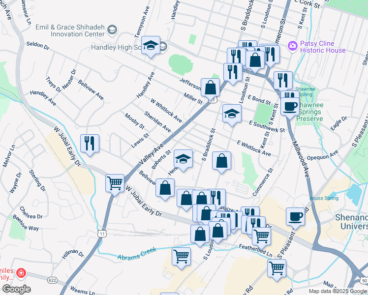 map of restaurants, bars, coffee shops, grocery stores, and more near 141 Lambden Avenue in Winchester