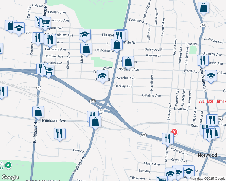 map of restaurants, bars, coffee shops, grocery stores, and more near 4734 Reading Road in Cincinnati