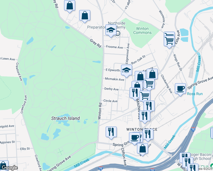 map of restaurants, bars, coffee shops, grocery stores, and more near 757 Derby Avenue in Cincinnati