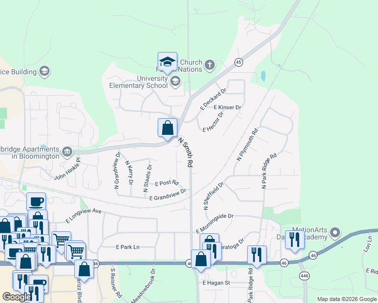 map of restaurants, bars, coffee shops, grocery stores, and more near 800 North Smith Road in Bloomington