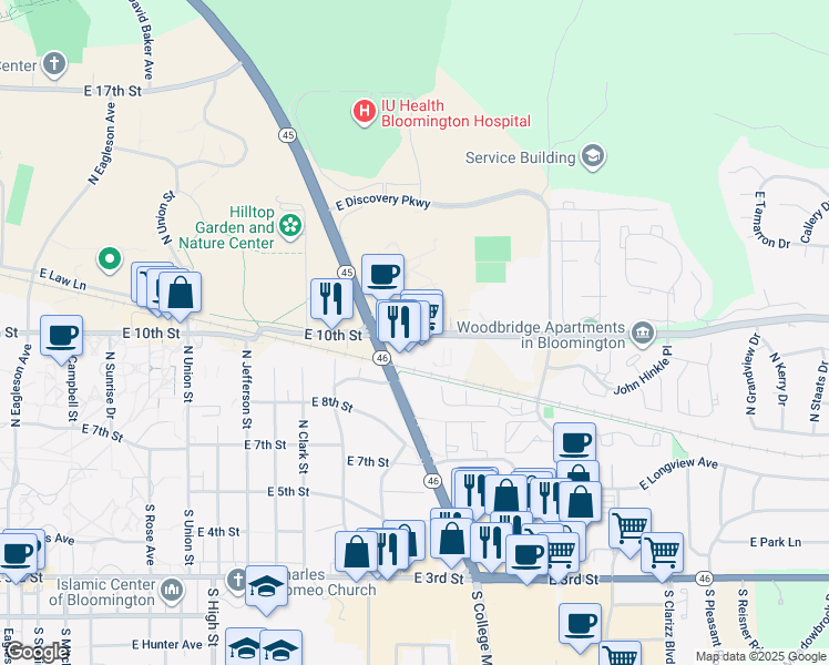 map of restaurants, bars, coffee shops, grocery stores, and more near 2618 East 10th Street in Bloomington