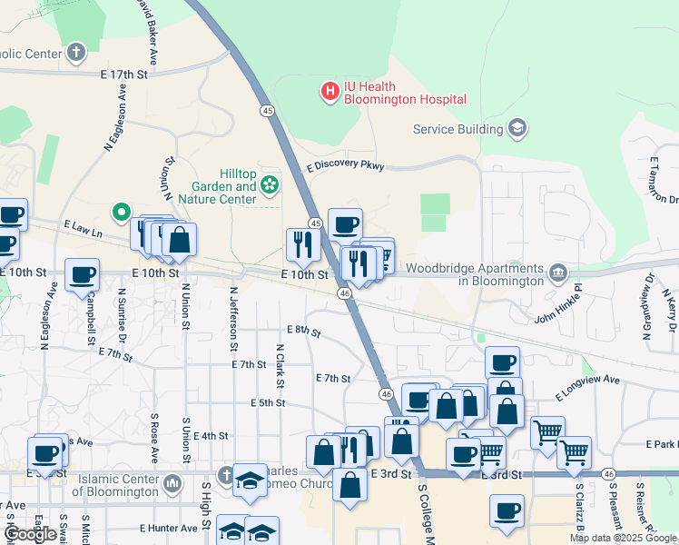 map of restaurants, bars, coffee shops, grocery stores, and more near 46 Indiana 45 in Bloomington