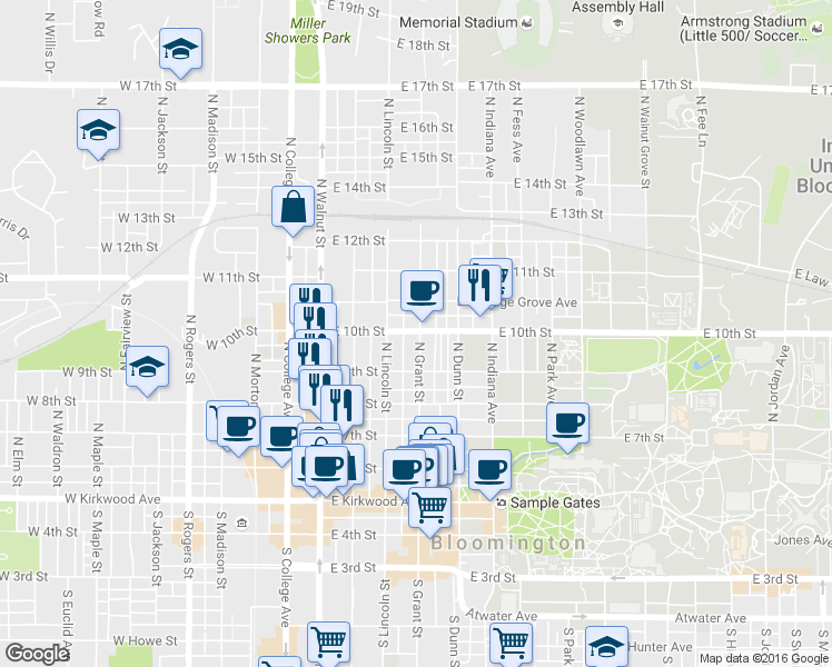 map of restaurants, bars, coffee shops, grocery stores, and more near 515 North Grant Street in Bloomington