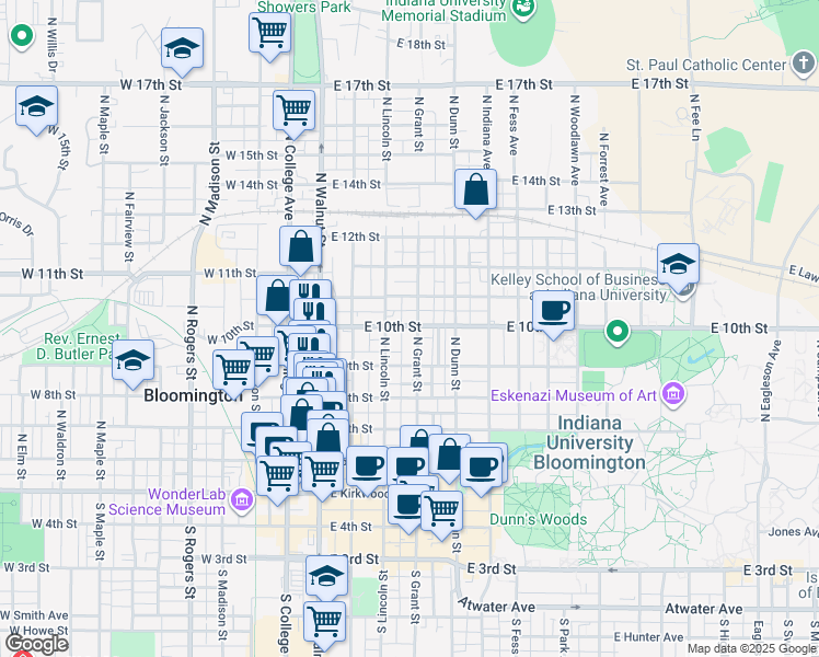 map of restaurants, bars, coffee shops, grocery stores, and more near 515 North Grant Street in Bloomington