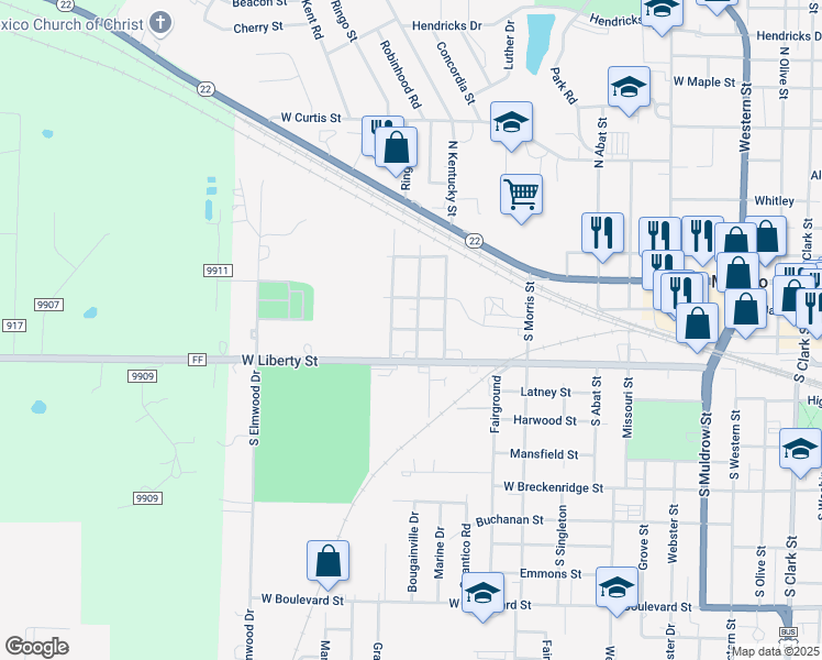 map of restaurants, bars, coffee shops, grocery stores, and more near 214 South Mississippi Street in Mexico