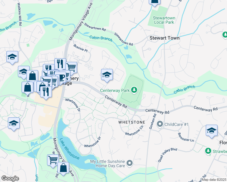 map of restaurants, bars, coffee shops, grocery stores, and more near 19201 Thomas Farm Road in Gaithersburg