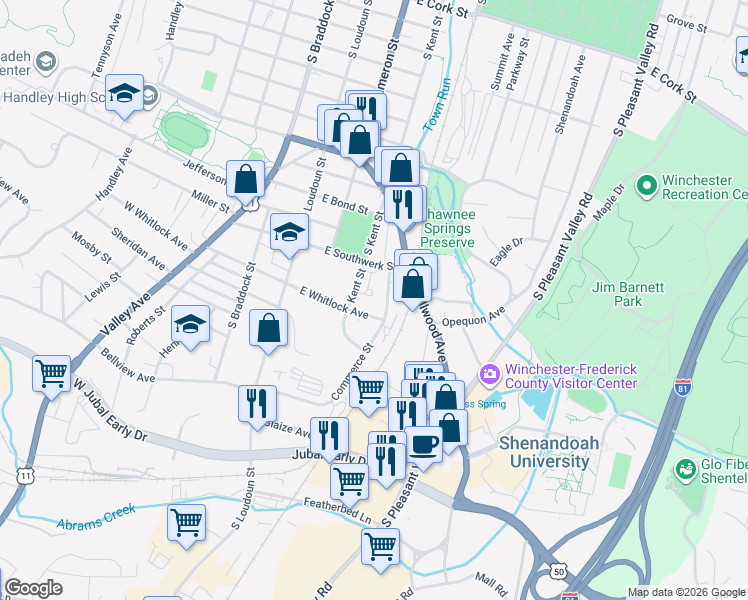 map of restaurants, bars, coffee shops, grocery stores, and more near 229 East Whitlock Avenue in Winchester