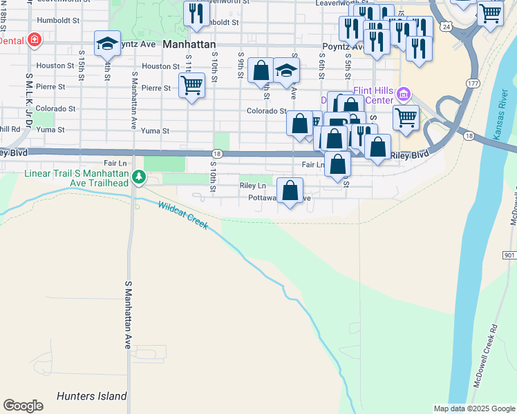 map of restaurants, bars, coffee shops, grocery stores, and more near 815 Glenstone Circle in Manhattan