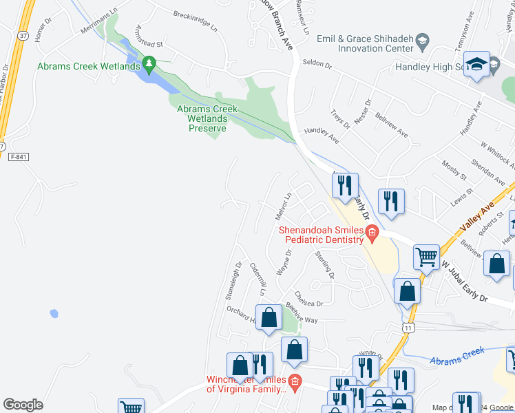 map of restaurants, bars, coffee shops, grocery stores, and more near 1901 Clayton Ridge Drive in Winchester