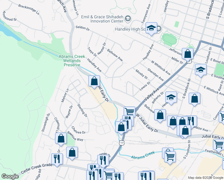 map of restaurants, bars, coffee shops, grocery stores, and more near 559 Bellview Avenue in Winchester