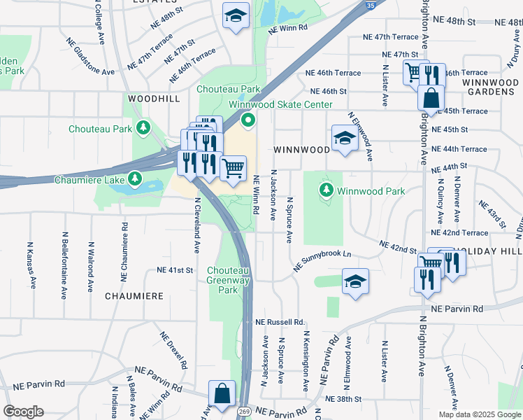 map of restaurants, bars, coffee shops, grocery stores, and more near 4225 Northeast Winn Road in Kansas City