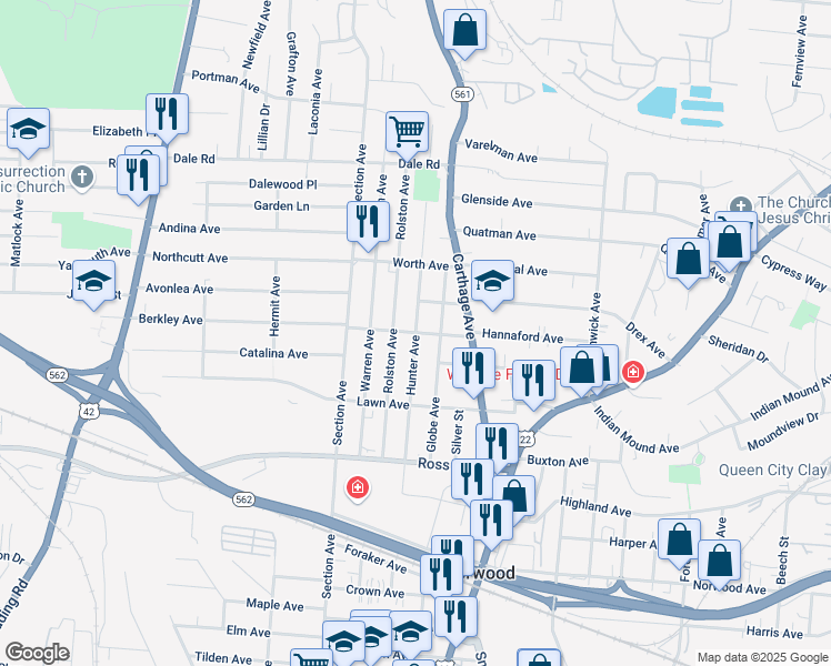 map of restaurants, bars, coffee shops, grocery stores, and more near 1700 Wayne Avenue in Norwood